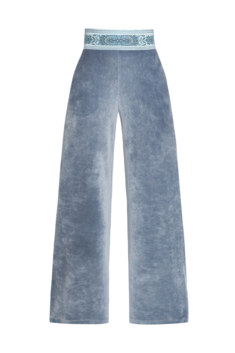 VELVET WIDE-LEG TROUSERS WITH ELASTIC WAIST IN STEEL GREY - ESSENTIALS JIORO БЛУЗА ОТ КАДИФЕ С НАБРАН КЪС РЪКАВ И V ДЕКОЛТЕ В СТОМАНЕНО СИВО - ESSENTIALS JIORO