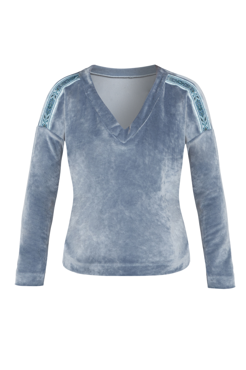 LOOSE SQUARE-CUT VELVET BLOUSE IN STEEL GREY - ESSENTIALS JIORO СВОБОДНА БЛУЗА ОТ КАДИФЕ В СТОМАНЕНО СИВО - ESSENTIALS JIORO