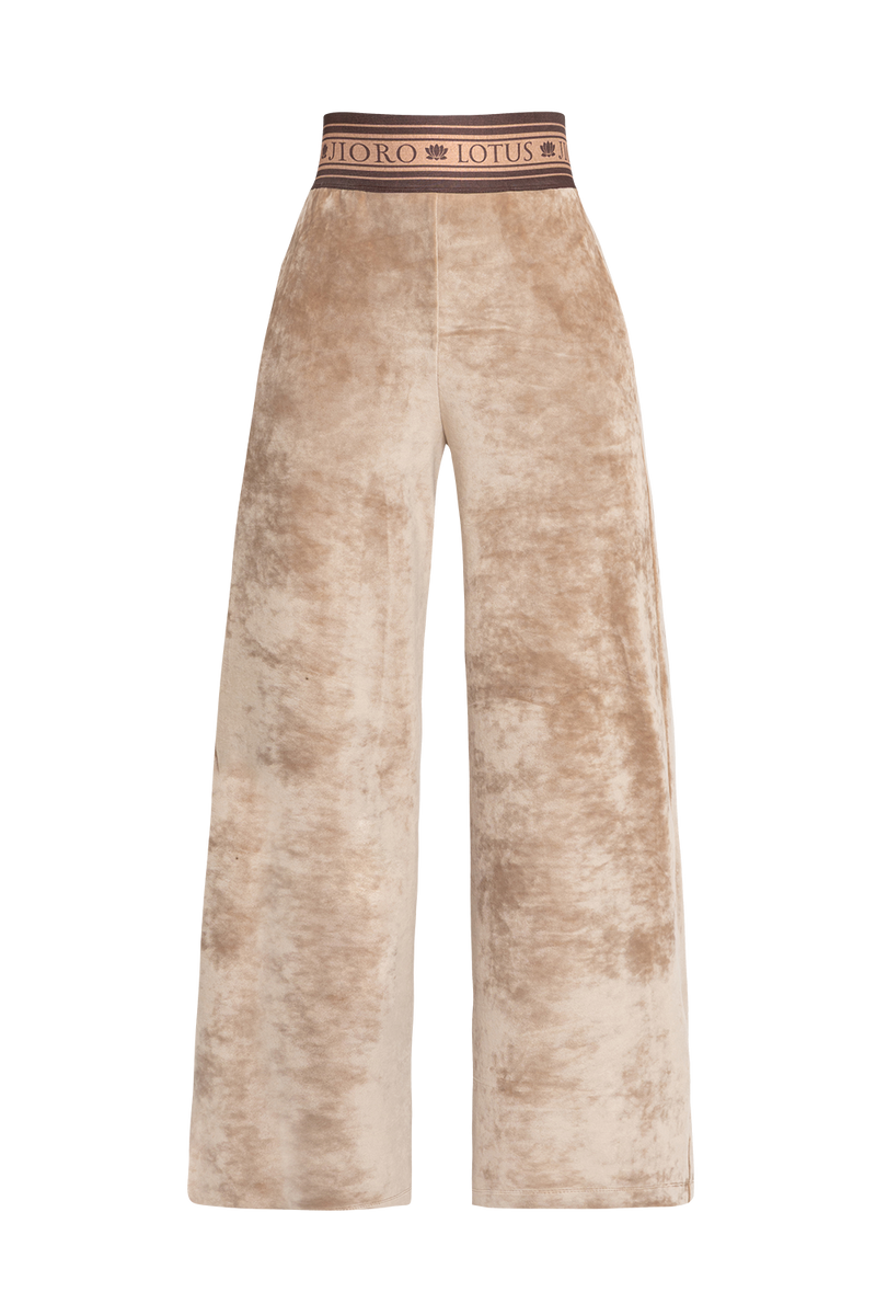VELVET WIDE-LEG TROUSERS WITH ELASTIC WAIST IN BEIGE - ESSENTIALS JIORO ПАНТАЛОН ОТ КАДИФЕ С ШИРОК КРАЧОЛ И ЛАСТИК В ТАЛИЯ В БЕЖОВО - ESSENTIALS JIORO 
