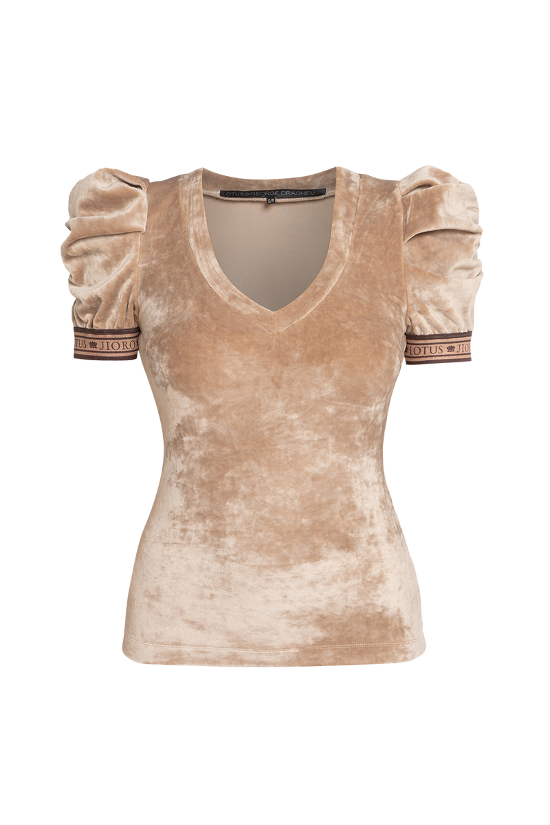 VELVET BLOUSE WITH PUFF SLEEVES AND V-NECKLINE IN BEIGE - ESSENTIALS JIORO БЛУЗА ОТ КАДИФЕ С НАБРАН КЪС РЪКАВ И V ДЕКОЛТЕ В БЕЖОВО - ESSENTIALS JIORO