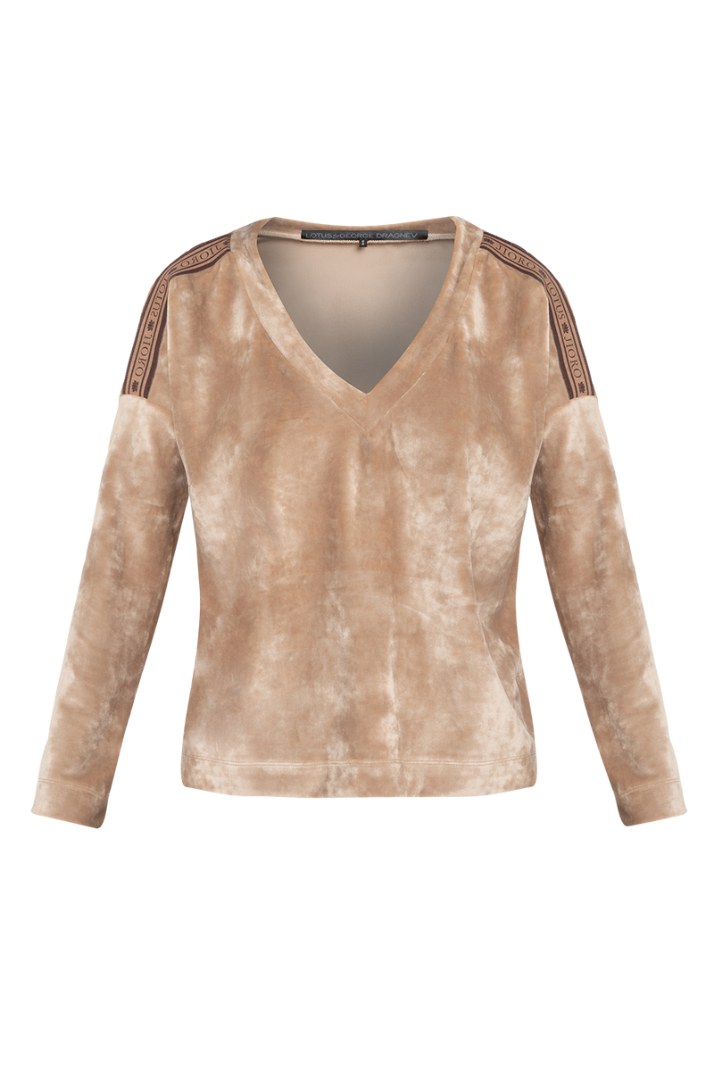 LOOSE SQUARE-CUT VELVET BLOUSE IN BEIGE - ESSENTIALS JIORO СВОБОДНА БЛУЗА ОТ КАДИФЕ В БЕЖОВО - ESSENTIALS JIORO