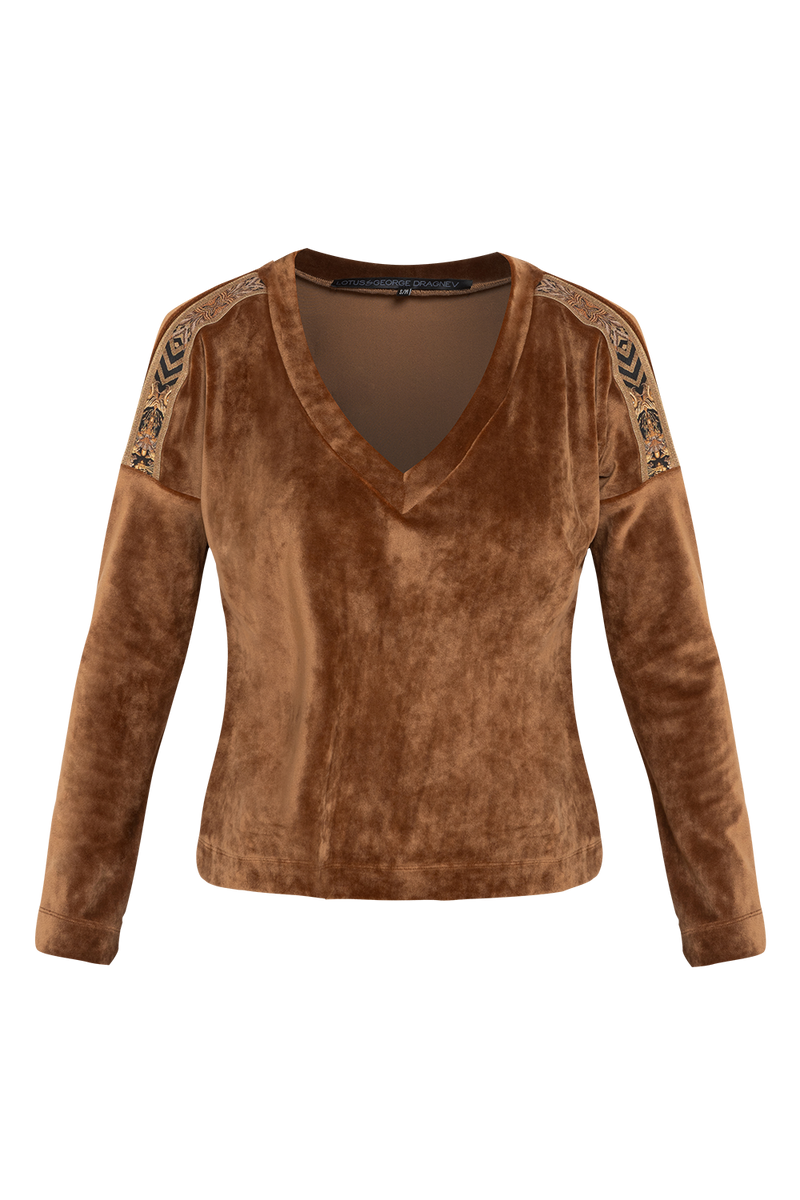 LOOSE SQUARE-CUT VELVET BLOUSE IN CAMEL - ESSENTIALS JIORO СВОБОДНА БЛУЗА ОТ КАДИФЕ В ЦВЯТ КАМЕЛ - ESSENTIALS JIORO