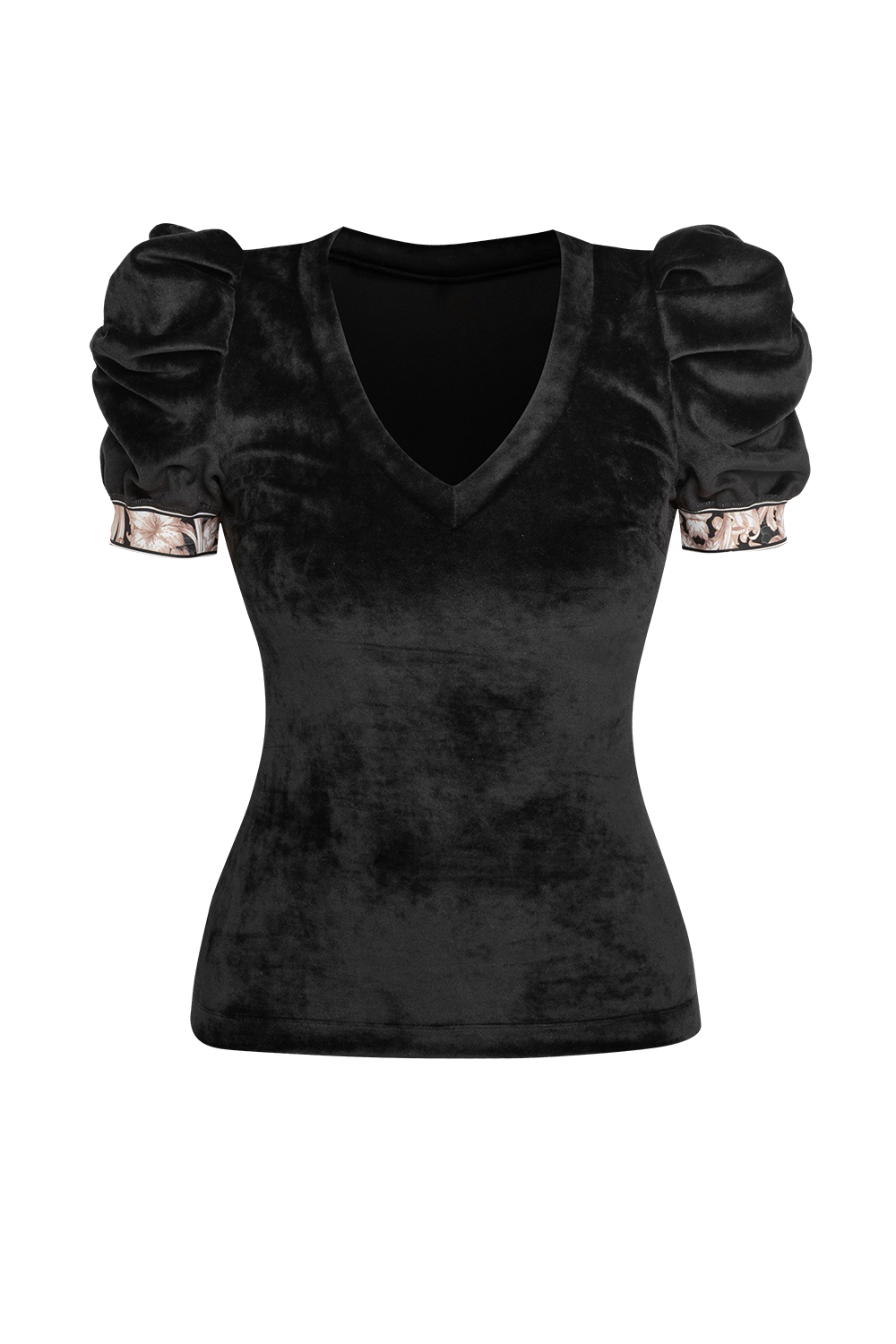 БЛУЗА ОТ КАДИФЕ С НАБРАН КЪС РЪКАВ И V ДЕКОЛТЕ В ЧЕРНО - ESSENTIALS