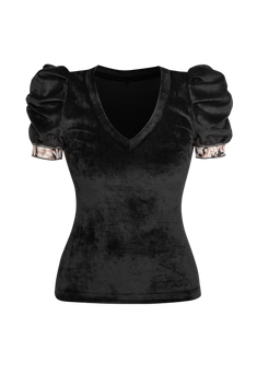 VELVET BLOUSE WITH PUFF SLEEVES AND V-NECKLINE IN BLACK - ESSENTIALS JIORO БЛУЗА ОТ КАДИФЕ С НАБРАН КЪС РЪКАВ И V ДЕКОЛТЕ В ЧЕРНО - ESSENTIALS JIORO