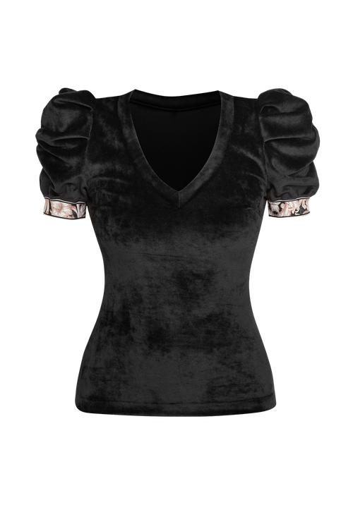 VELVET BLOUSE WITH PUFF SLEEVES AND V-NECKLINE IN BLACK - ESSENTIALS JIORO БЛУЗА ОТ КАДИФЕ С НАБРАН КЪС РЪКАВ И V ДЕКОЛТЕ В ЧЕРНО - ESSENTIALS JIORO