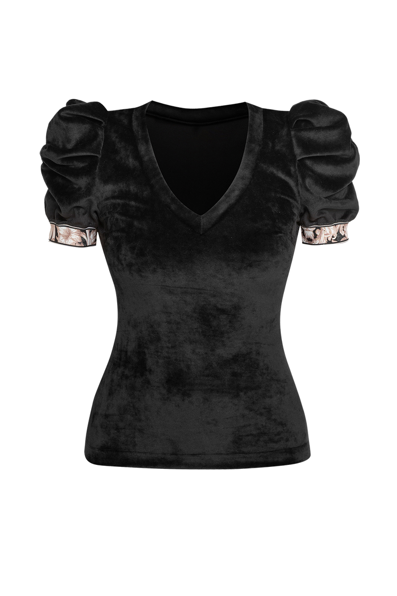 VELVET BLOUSE WITH PUFF SLEEVES AND V-NECKLINE IN BLACK - ESSENTIALS