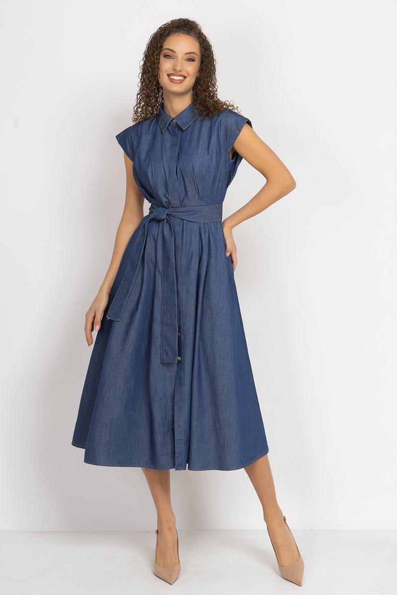 LIGHTWEIGHT DENIM A-LINE SHIRT DRESS - ESSENTIALS JIORO РОКЛЯ ТИП РИЗА ОТ ТЪНЪК ДЕНИМ И ПОДВИЖЕН КОЛАН - ESSENTIALS JIORO