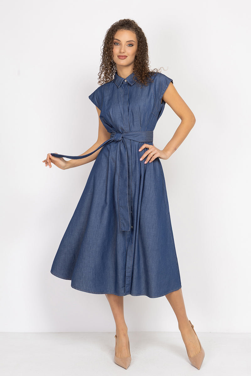 LIGHTWEIGHT DENIM A-LINE SHIRT DRESS - ESSENTIALS JIORO РОКЛЯ ТИП РИЗА ОТ ТЪНЪК ДЕНИМ И ПОДВИЖЕН КОЛАН - ESSENTIALS JIORO