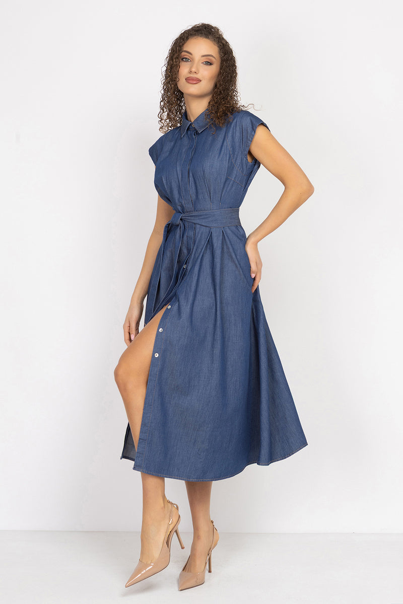 LIGHTWEIGHT DENIM A-LINE SHIRT DRESS - ESSENTIALS JIORO РОКЛЯ ТИП РИЗА ОТ ТЪНЪК ДЕНИМ И ПОДВИЖЕН КОЛАН - ESSENTIALS JIORO