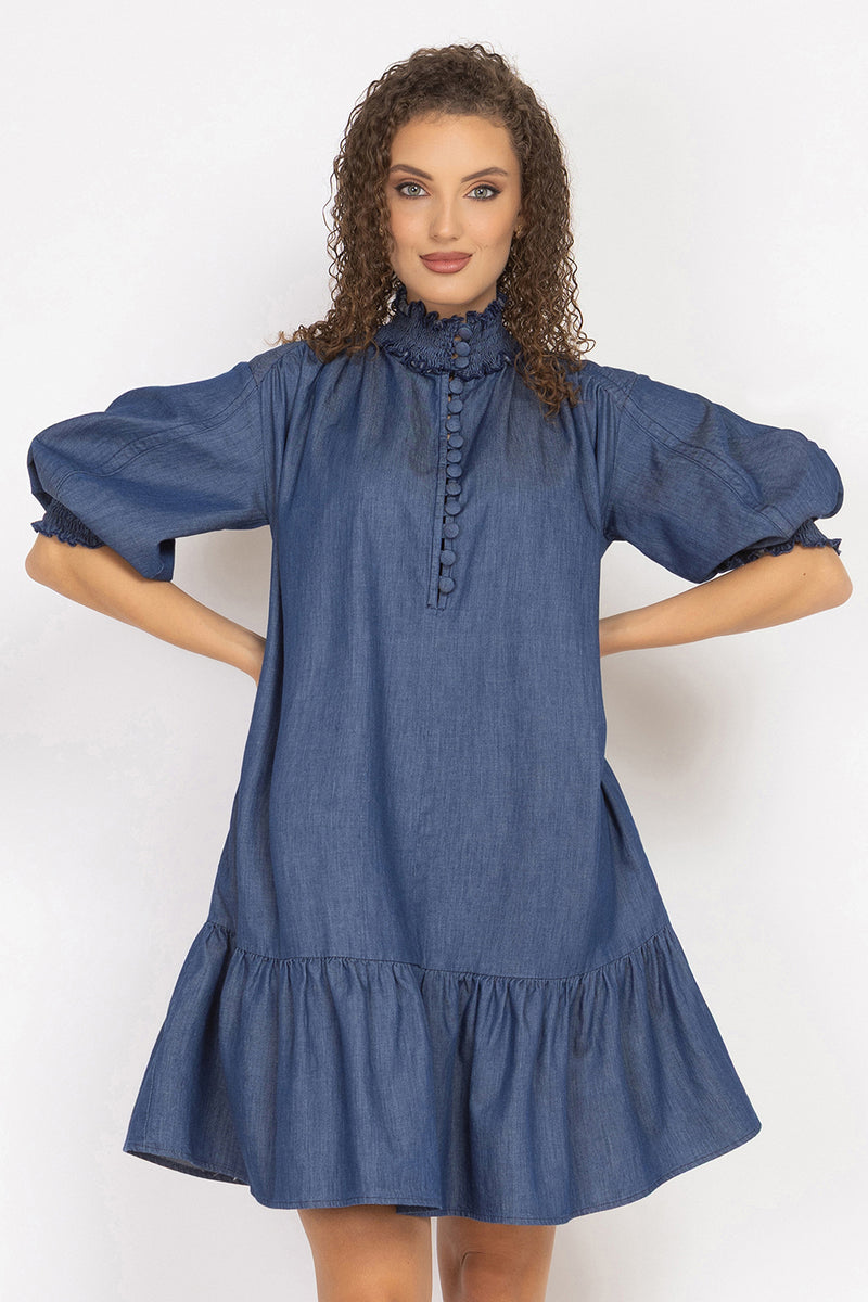 DENIM DRESS WITH ELASTICATED NECKLINE AND BELT - ESSENTIALS JIORO ДЪНКОВА РОКЛЯ С ЛАСТИЧНА ЯКА И КОЛАН - ESSENTIALS JIORO
