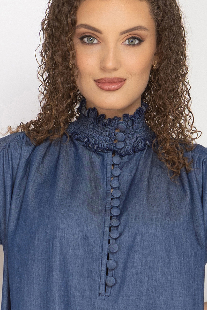 DENIM DRESS WITH ELASTICATED NECKLINE AND BELT - ESSENTIALS JIORO ДЪНКОВА РОКЛЯ С ЛАСТИЧНА ЯКА И КОЛАН - ESSENTIALS JIORO