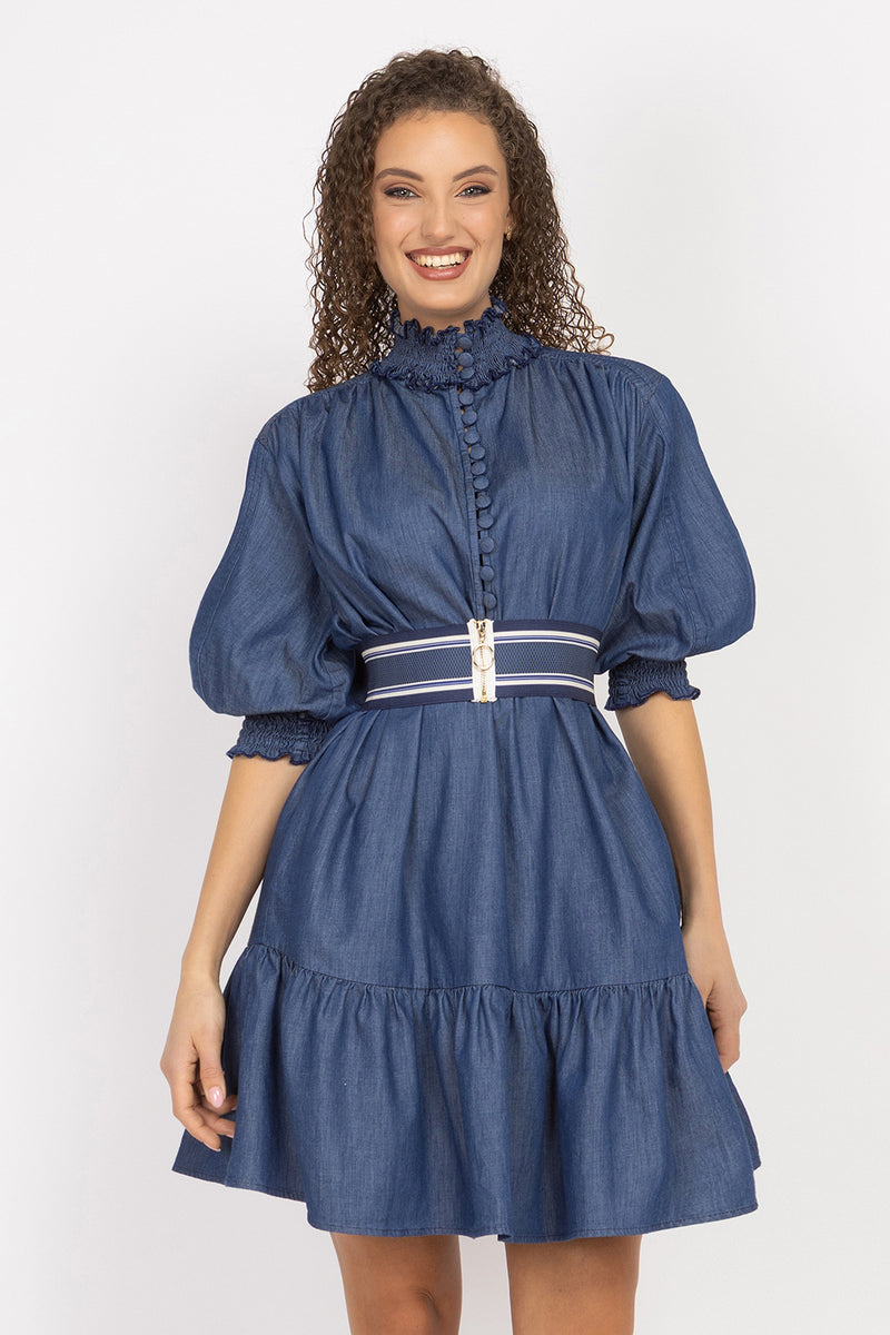 DENIM DRESS WITH ELASTICATED NECKLINE AND BELT - ESSENTIALS JIORO ДЪНКОВА РОКЛЯ С ЛАСТИЧНА ЯКА И КОЛАН - ESSENTIALS JIORO