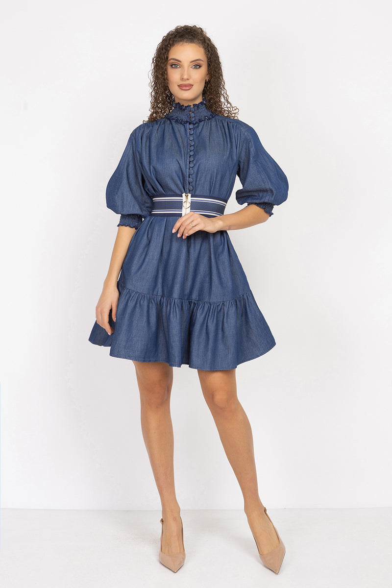 DENIM DRESS WITH ELASTICATED NECKLINE AND BELT - ESSENTIALS JIORO ДЪНКОВА РОКЛЯ С ЛАСТИЧНА ЯКА И КОЛАН - ESSENTIALS JIORO