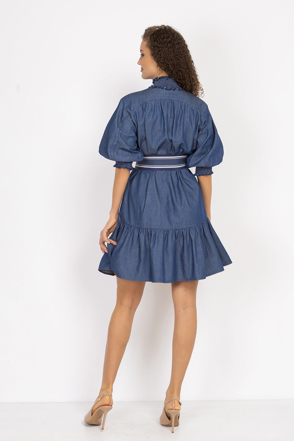DENIM DRESS WITH ELASTICATED NECKLINE AND BELT - ESSENTIALS JIORO ДЪНКОВА РОКЛЯ С ЛАСТИЧНА ЯКА И КОЛАН - ESSENTIALS JIORO