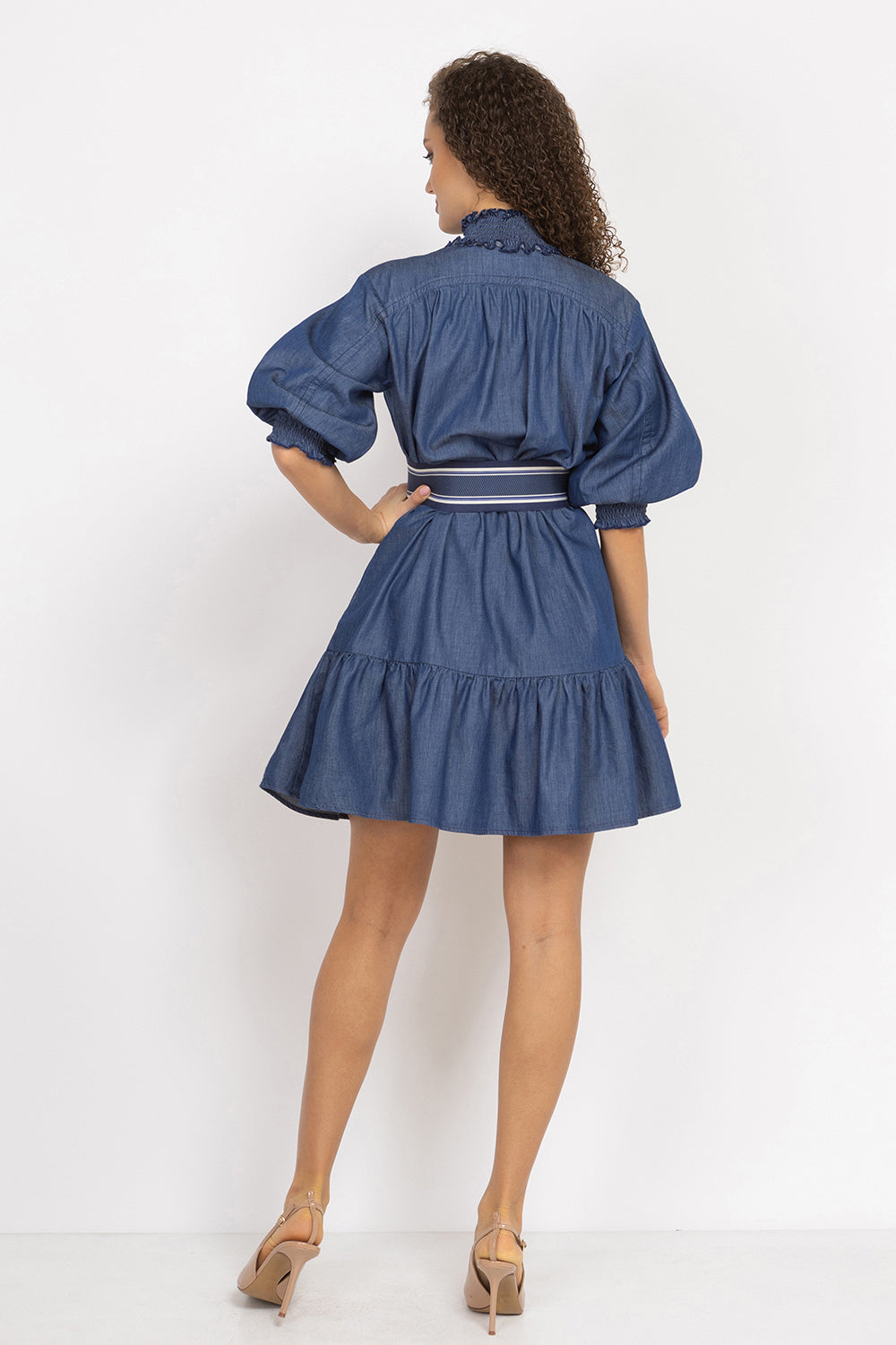 DENIM DRESS WITH ELASTICATED NECKLINE AND BELT - ESSENTIALS JIORO ДЪНКОВА РОКЛЯ С ЛАСТИЧНА ЯКА И КОЛАН - ESSENTIALS JIORO