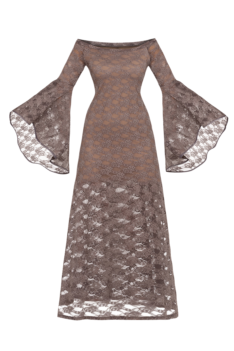 LONG FLORAL LACE DRESS WITH OFF-SHOULDER NECKLINE IN MOCHA - ESSENTIALS JIORO ДЪЛГА ДАНТЕЛЕНА РОКЛЯ В МОКА С ПАДНАЛИ РАМЕНА - ESSENTIALS JIORO