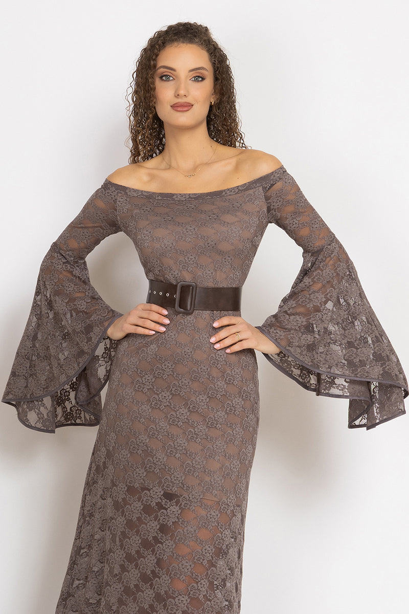 LONG FLORAL LACE DRESS WITH OFF-SHOULDER NECKLINE IN MOCHA - ESSENTIALS JIORO ДЪЛГА ДАНТЕЛЕНА РОКЛЯ В МОКА С ПАДНАЛИ РАМЕНА - ESSENTIALS JIORO