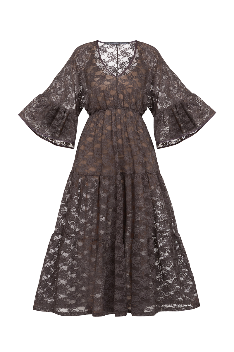 ESPRESSO BOHO LACE DRESS WITH GATHERED RUFFLES AND LINING - ESSENTIALS