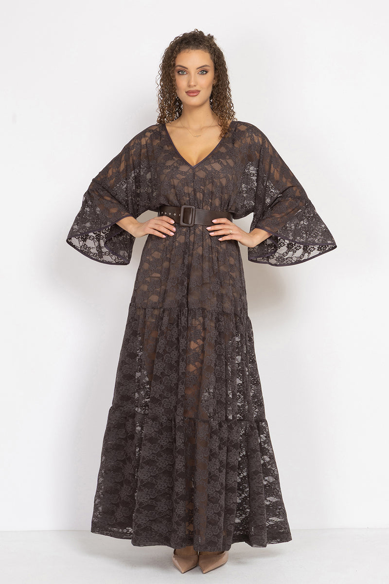ESPRESSO BOHO LACE DRESS WITH GATHERED RUFFLES AND LINING - ESSENTIALS