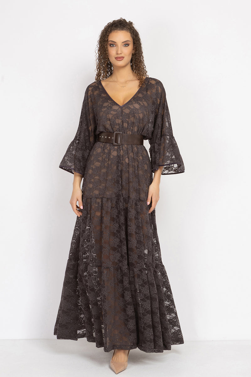 ESPRESSO BOHO LACE DRESS WITH GATHERED RUFFLES AND LINING - ESSENTIALS