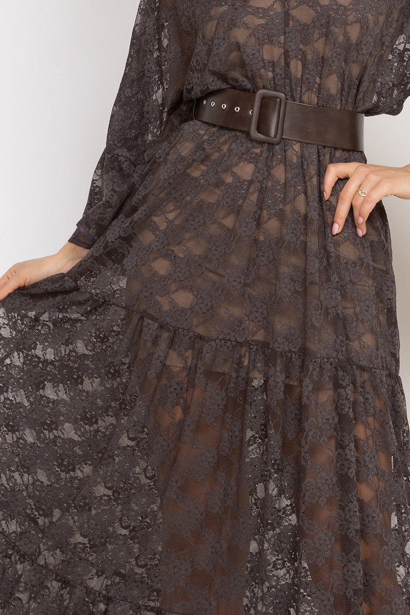 ESPRESSO BOHO LACE DRESS WITH GATHERED RUFFLES AND LINING - ESSENTIALS