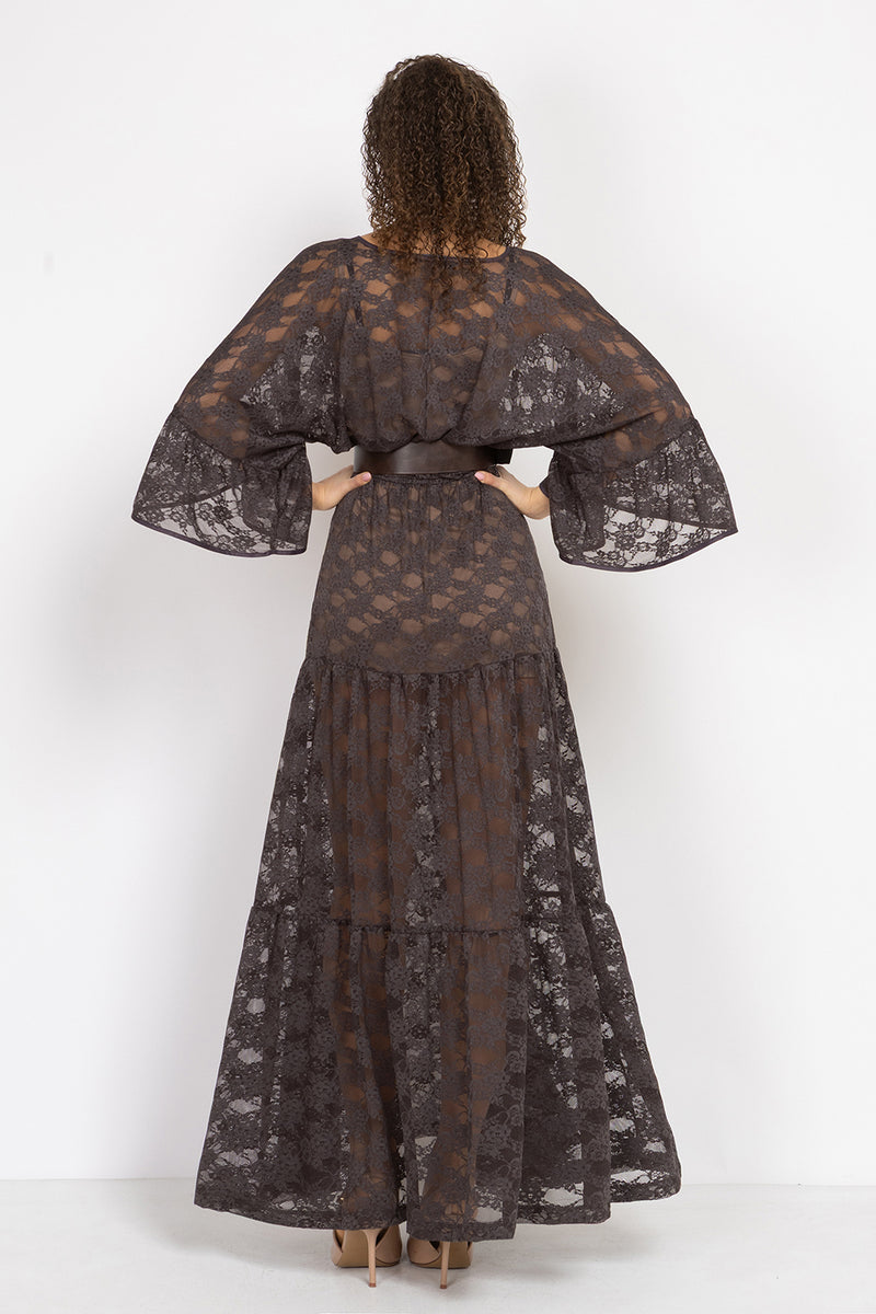 ESPRESSO BOHO LACE DRESS WITH GATHERED RUFFLES AND LINING - ESSENTIALS