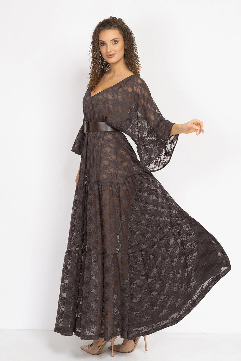 ESPRESSO BOHO LACE DRESS WITH GATHERED RUFFLES AND LINING - ESSENTIALS