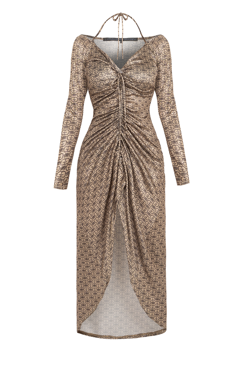 ASYMMETRIC LUREX DRESS WITH KNOT DETAIL AND FRONT DRAWSTRING - DARK BROWN LOGO