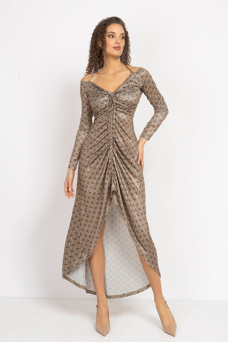 ASYMMETRIC LUREX DRESS WITH KNOT DETAIL AND FRONT DRAWSTRING - DARK BROWN LOGO