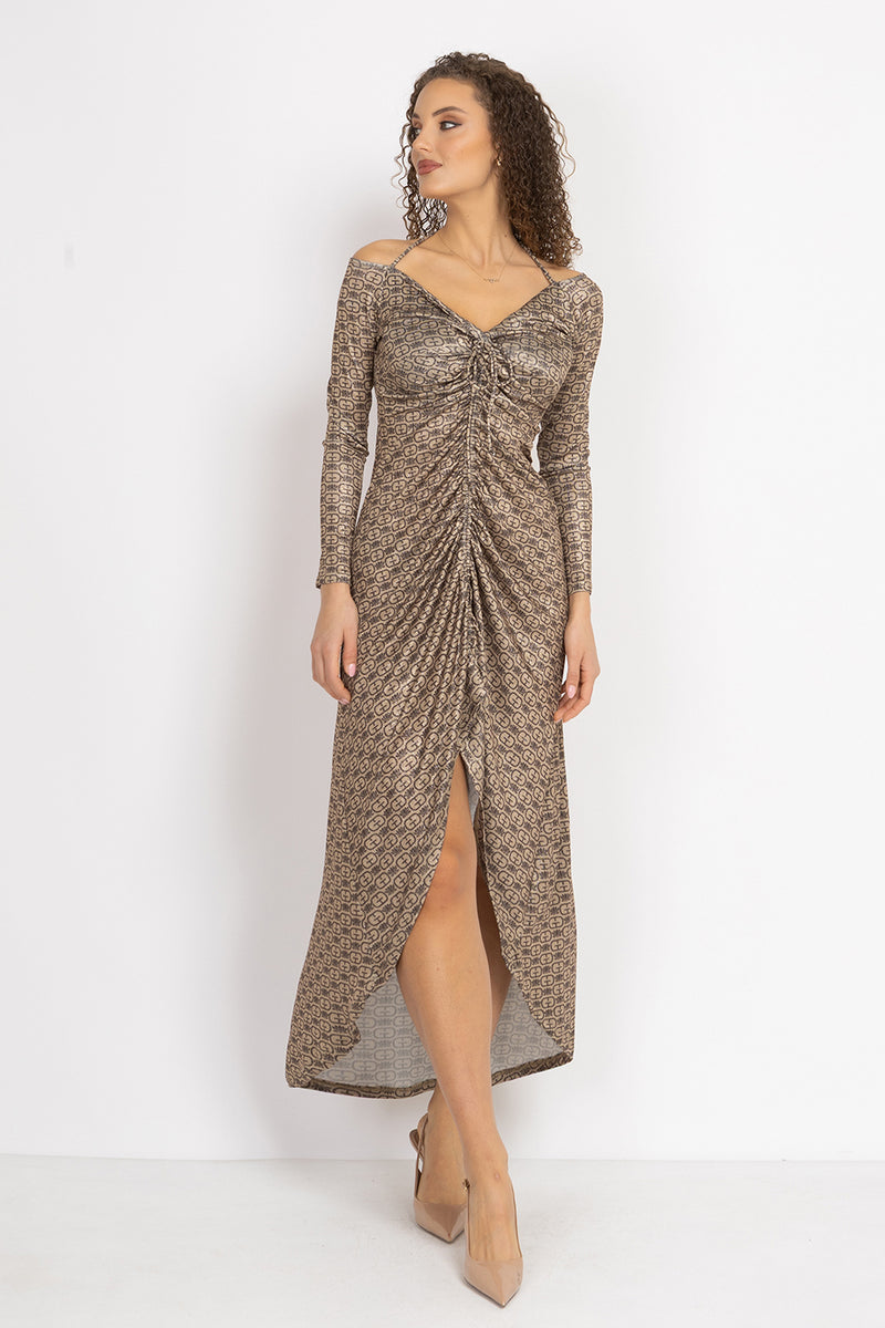 ASYMMETRIC LUREX DRESS WITH KNOT DETAIL AND FRONT DRAWSTRING - DARK BROWN LOGO