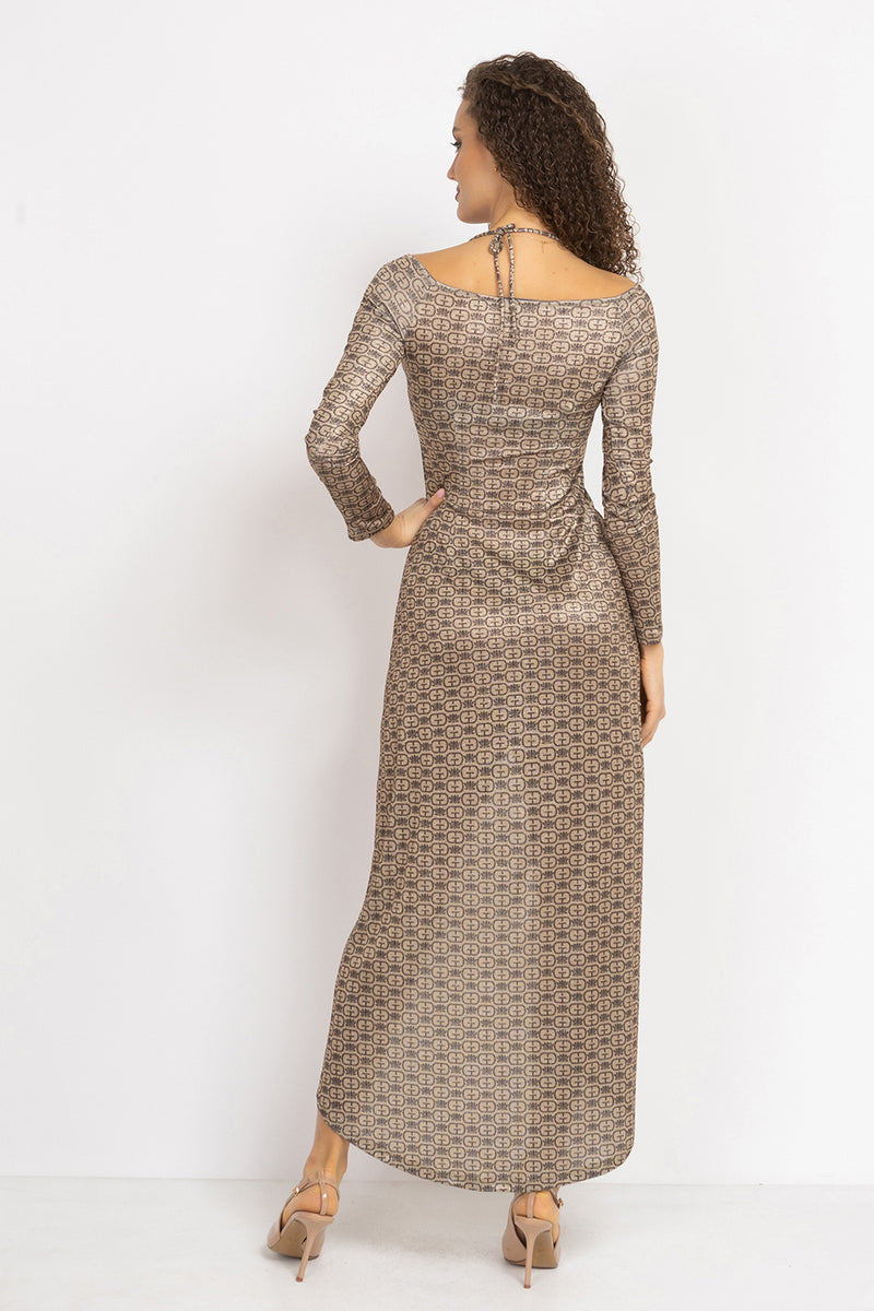 ASYMMETRIC LUREX DRESS WITH KNOT DETAIL AND FRONT DRAWSTRING - DARK BROWN LOGO