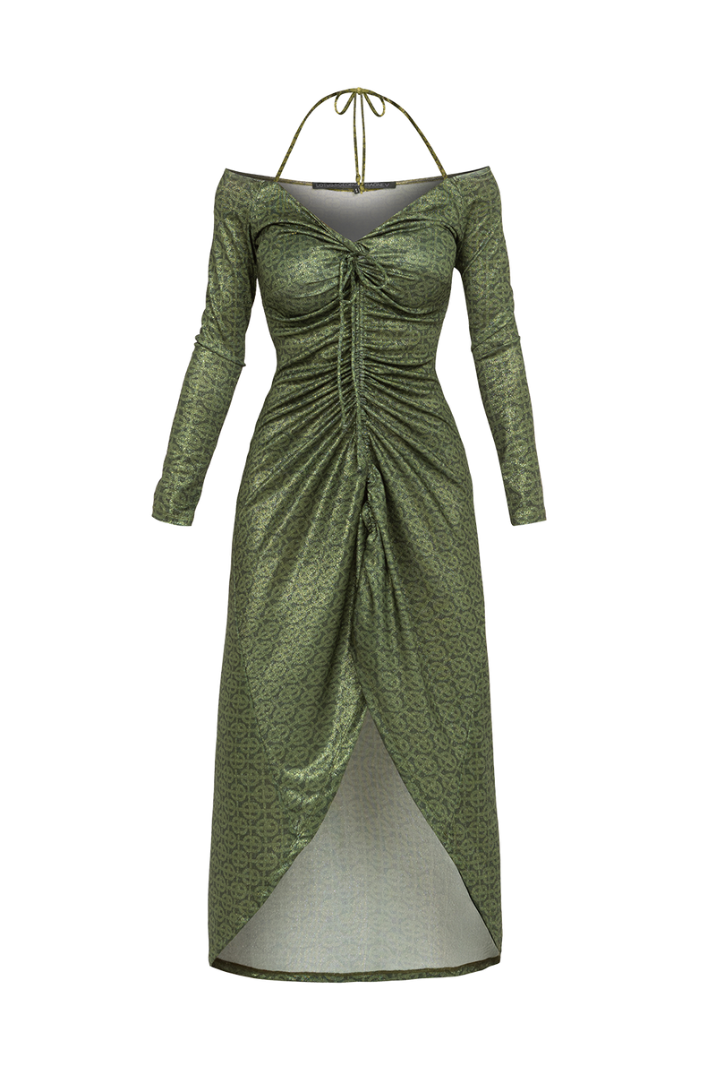 ASYMMETRIC LUREX DRESS WITH KNOT DETAIL AND FRONT DRAWSTRING - EMERALD GREEN LOGO