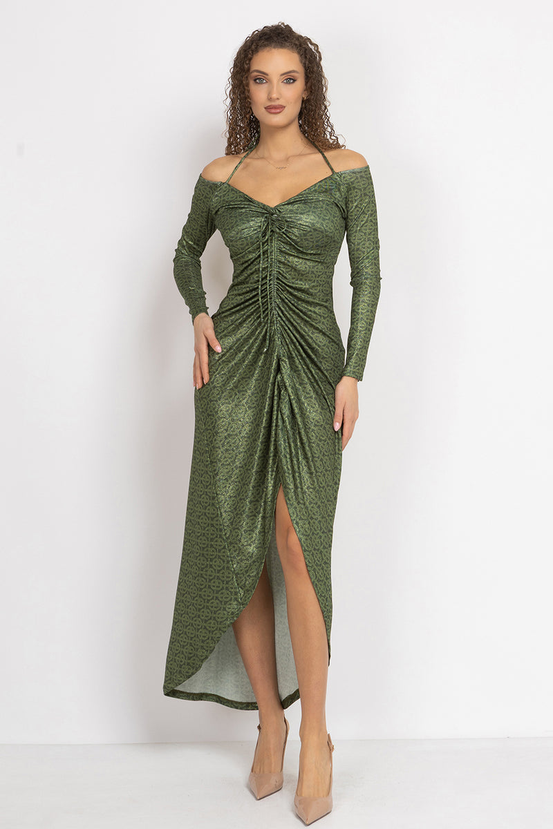 ASYMMETRIC LUREX DRESS WITH KNOT DETAIL AND FRONT DRAWSTRING - EMERALD GREEN LOGO