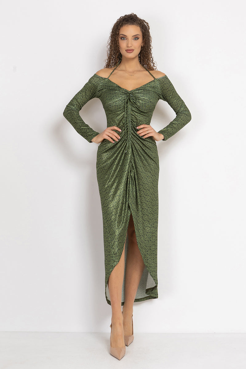 ASYMMETRIC LUREX DRESS WITH KNOT DETAIL AND FRONT DRAWSTRING - EMERALD GREEN LOGO