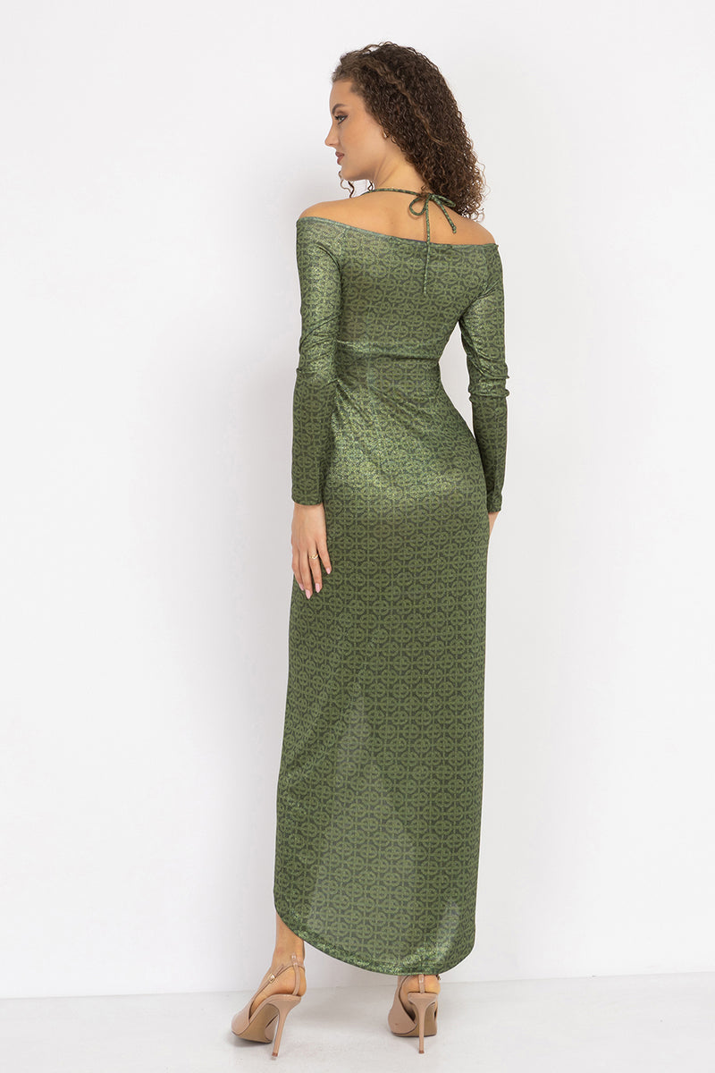 ASYMMETRIC LUREX DRESS WITH KNOT DETAIL AND FRONT DRAWSTRING - EMERALD GREEN LOGO