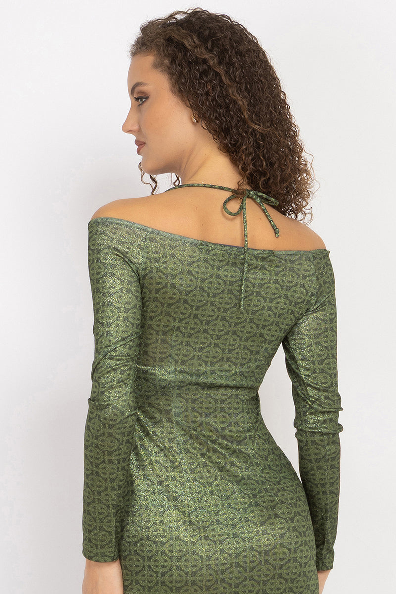 ASYMMETRIC LUREX DRESS WITH KNOT DETAIL AND FRONT DRAWSTRING - EMERALD GREEN LOGO