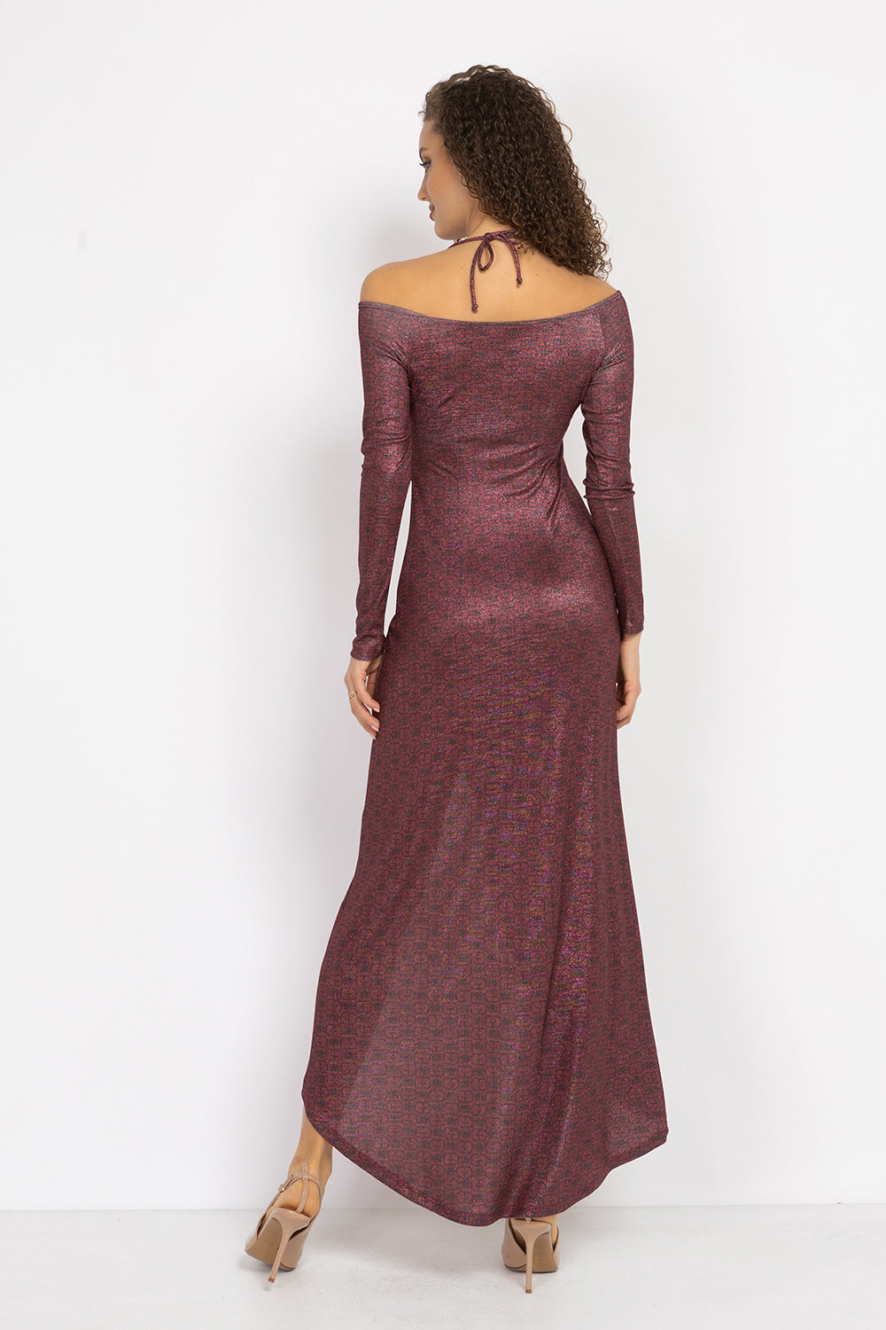 АСИМЕТРИЧНА РОКЛЯ ОТ ЛУРЕКС С ВЪЗЕЛ - BURGUNDY LOGO