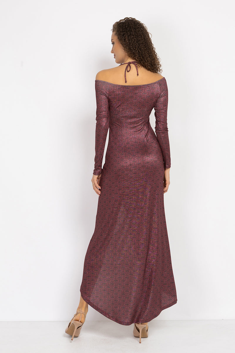 АСИМЕТРИЧНА РОКЛЯ ОТ ЛУРЕКС С ВЪЗЕЛ - BURGUNDY LOGO