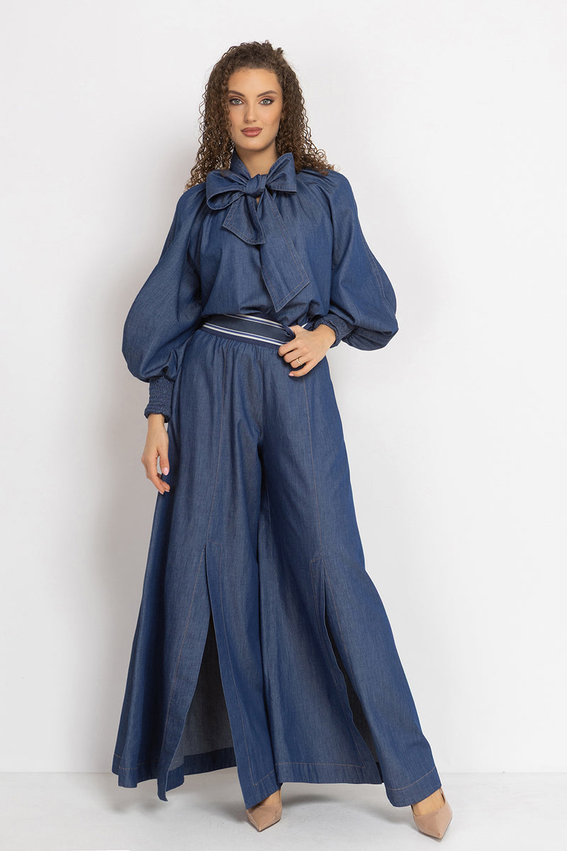 HIGH-WAISTED FLARED DENIM PANTS WITH FRONT SLITS - ESSENTIALS JIORO ПАНТАЛОН ОТ ТЪНЪК ДЕНИМ С ВИСОКА ТАЛИЯ И ЦЕПКИ – ESSENTIALS JIORO