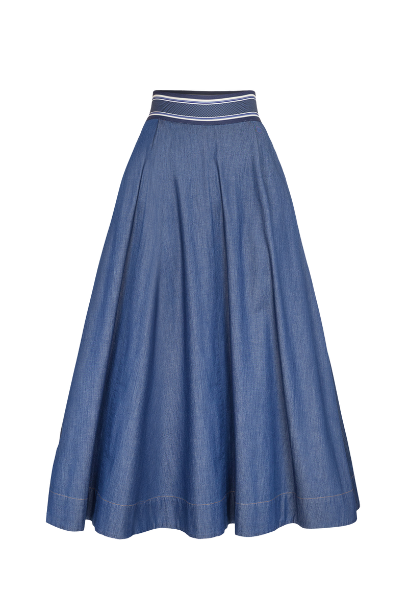 LONG DENIM SKIRT WITH ELASTIC WAIST AND SIDE POCKETS - ESSENTIALS JIORO ДЪЛГА ПОЛА ОТ ДЕНИМ С ЛАСТИК И СТРАНИЧНИ ДЖОБОВЕ - ESSENTIALS JIORO