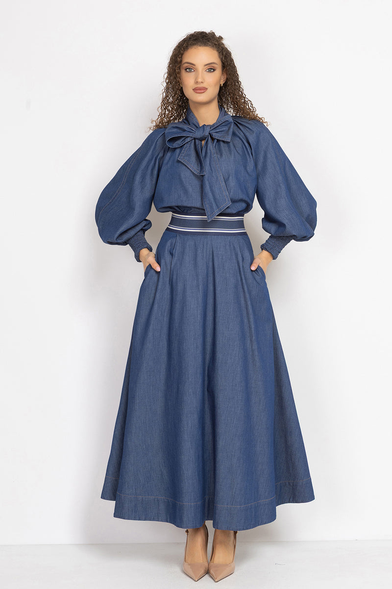 DENIM SHIRT WITH FRONT BOW AND RAGLAN SLEEVES - ESSENTIALS JIORO  РИЗА ОТ ДЕНИМ С ПАНДЕЛКА И РЕГЛАН РЪКАВИ - ESSENTIALS JIORO