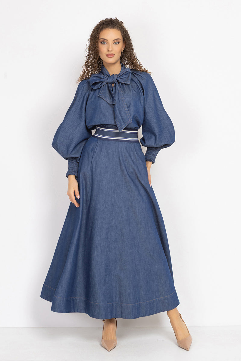 DENIM SHIRT WITH FRONT BOW AND RAGLAN SLEEVES - ESSENTIALS JIORO  РИЗА ОТ ДЕНИМ С ПАНДЕЛКА И РЕГЛАН РЪКАВИ - ESSENTIALS JIORO