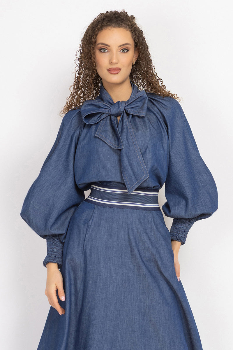 DENIM SHIRT WITH FRONT BOW AND RAGLAN SLEEVES - ESSENTIALS JIORO  РИЗА ОТ ДЕНИМ С ПАНДЕЛКА И РЕГЛАН РЪКАВИ - ESSENTIALS JIORO