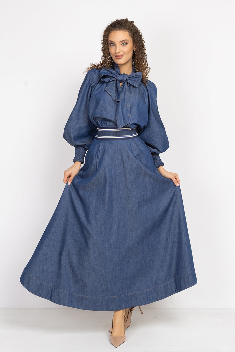 DENIM SHIRT WITH FRONT BOW AND RAGLAN SLEEVES - ESSENTIALS JIORO  РИЗА ОТ ДЕНИМ С ПАНДЕЛКА И РЕГЛАН РЪКАВИ - ESSENTIALS JIORO