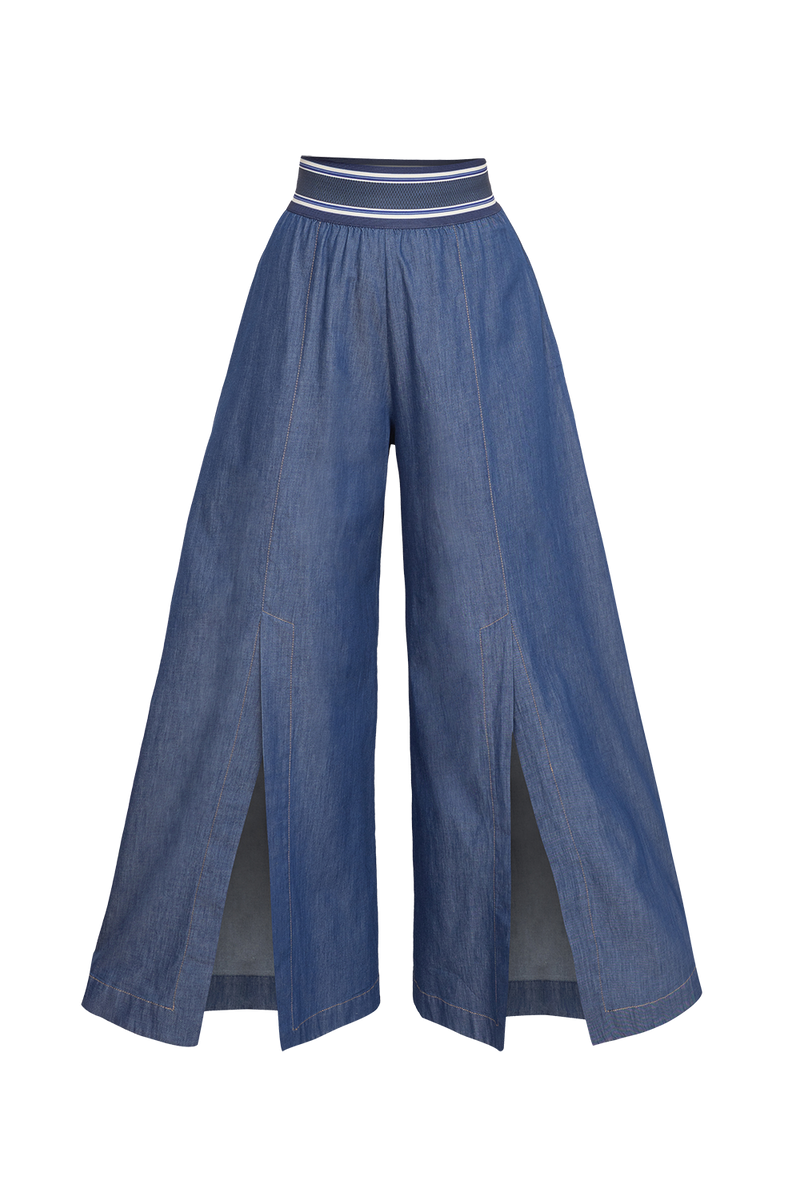 HIGH-WAISTED FLARED DENIM PANTS WITH FRONT SLITS - ESSENTIALS JIORO ПАНТАЛОН ОТ ТЪНЪК ДЕНИМ С ВИСОКА ТАЛИЯ И ЦЕПКИ – ESSENTIALS JIORO