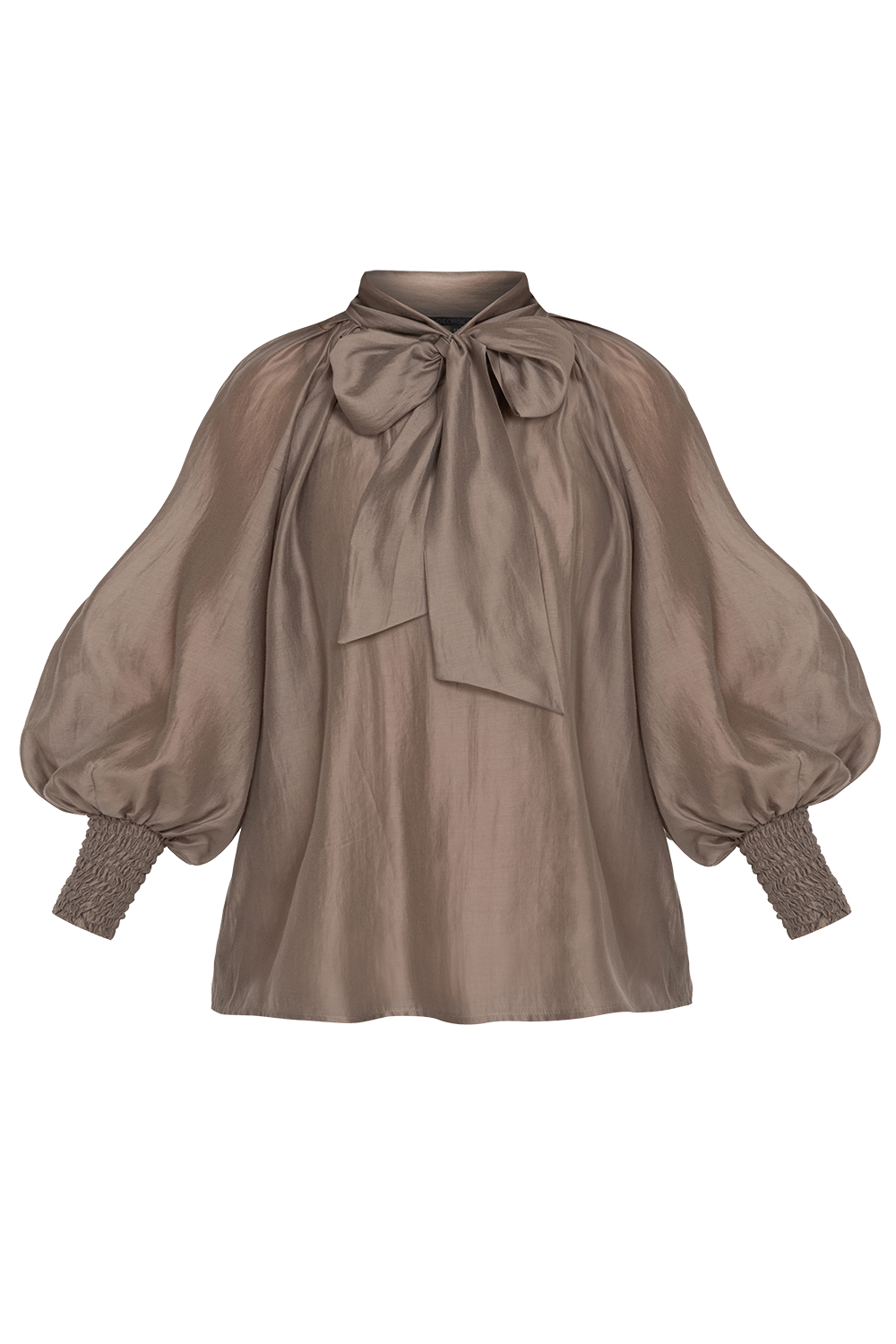 BOHEMIAN MOCHA LYOCELL BLOUSE WITH PUFF SLEEVES AND TIE-FRONT COLLAR - ESSENTIALS JIORO БОХЕМСКА РИЗА ОТ ЛИОЦЕЛ С БОГАТИ РЪКАВИ И ВРЪЗКА В МОКА JIORO