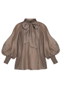 BOHEMIAN MOCHA LYOCELL BLOUSE WITH PUFF SLEEVES AND TIE-FRONT COLLAR - ESSENTIALS JIORO БОХЕМСКА РИЗА ОТ ЛИОЦЕЛ С БОГАТИ РЪКАВИ И ВРЪЗКА В МОКА JIORO
