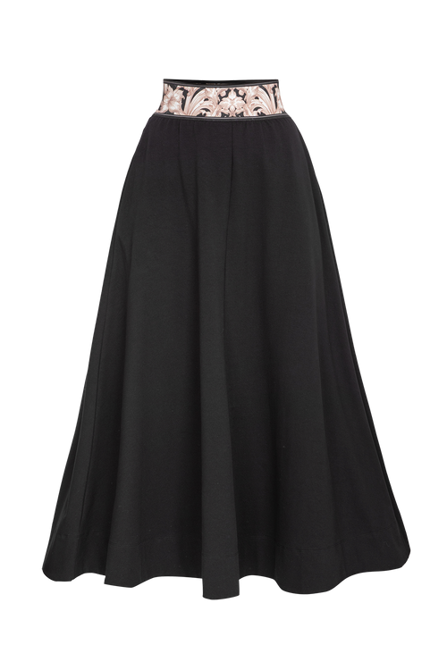 LONG BLACK COTTON SKIRT WITH ELASTIC WAIST AND SIDE POCKETS - ESSENTIALS JIORO ДЪЛГА ПОЛА ОТ ЧЕРНА ВАТА С ЛАСТИК В ТАЛИЯТА И СТРАНИЧНИ ДЖОБОВЕ - ESSENTIALS JIORO