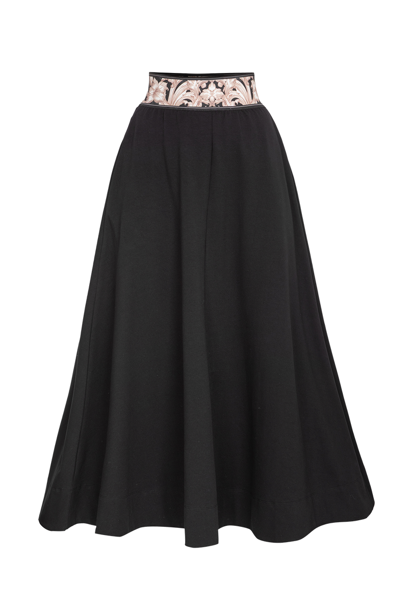 LONG BLACK COTTON SKIRT WITH ELASTIC WAIST AND SIDE POCKETS - ESSENTIALS