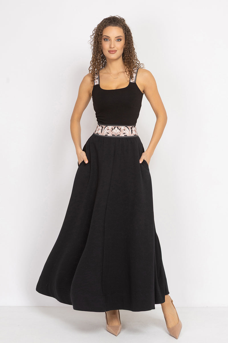 LONG BLACK COTTON SKIRT WITH ELASTIC WAIST AND SIDE POCKETS - ESSENTIALS